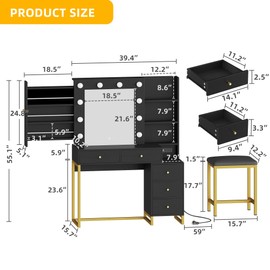 YITAHOME Makeup Vanity Desk with Mirror & Power Outlet, Vanity Set with Hidden Jewelry Storage Shelves and 5 Drawers, Adjustable 3 Lighting Colors, Hollywood Dressing Table with Stool, Black