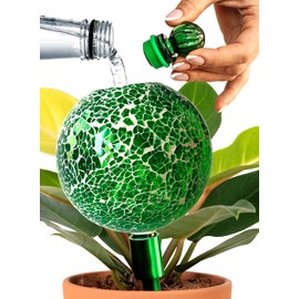 16 Oz Plant Watering Globes For Indoor Plants With Metal Self Watering Planter Insert - Premium XL Glass Hand-blown Globes - Automatic Indoor Planter Waterer, Gift Idea For Gardeners [1, Mosaic]