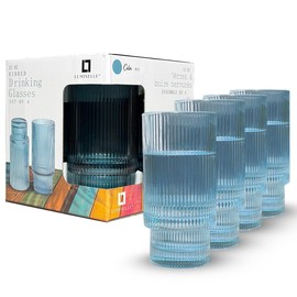 LUMINELLE Ribbed Drinking Glasses Set of 4-15 oz Clear Glass Tumblers for Water, Iced Coffee, and Cocktails | Modern Textured Glassware for Kitchen & Dining | Dishwasher Safe (CLEAR) (1, BLUE)