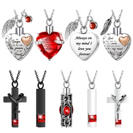 9 Pcs Heart Cross Cubic Urn Necklace for Ashes Keepsake Cremation Jewelry Stainless Steel Necklace Crystal Memorial Pendant Heart Locket Ashes Jewelry for Women Men Loved Ones, 9 Styles(Red)