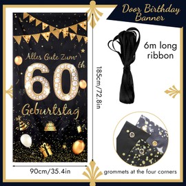 Birthday Banner 60 Years, 60th Birthday Background 185 × 90 cm, Black Gold Banner Decoration Long, Happy 60th Birthday Decoration, Door Banner for Man Woman 60th Birthday Party