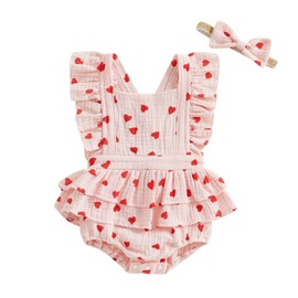COORALLY Baby Girls Ruffle Sleeveless Romper Lace Floral Backless Cotton Linen Bodysuit Jumpsuit with Headband Clothes Set (Pink-Heart, 0-3 Months)