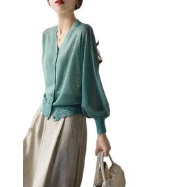 Wnodruke WN053 Women's Cardigan, UV Protection, Cool Contact, Solid, Thin, Puff Sleeve, Loose, Soft, Cooling Protection, Spring, Summer, Autumn,, green
