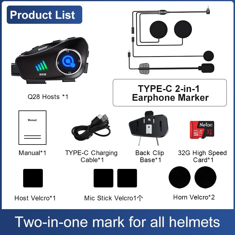 Bluetooth Motorcycle Helmet Headset with HD Action Camera 1080P Video/Photo,Hands-Free