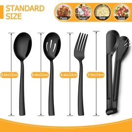 LIANYU Black Serving Utensils Set of 8, Stainless Steel Serving Spoons, Slotted Spoons, Serving Forks, Metal Tongs for Kitchen Buffet Party Banquet Entertaining, Mirror Finished, Dishwasher Safe