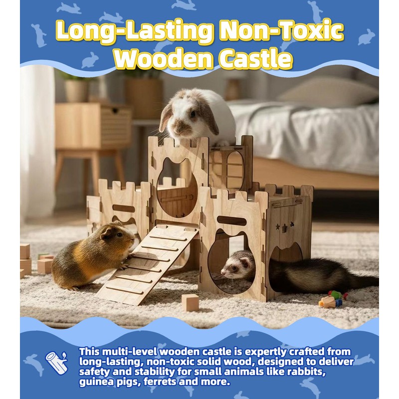 LEXASTLE Larger Bunny Castle Sturdy Walnut Color Wooden Rabbit Hideout