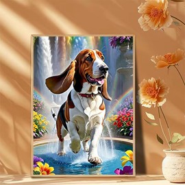 PUAGEMTI DIY 5D Basset Hound Diamond Painting Kit, Dog Playing in Water Art Painting Crafts Adult Beginner Diamond Art 5D Full Art Diamond Painting Home Wall Decoration Gift 12x16 inch