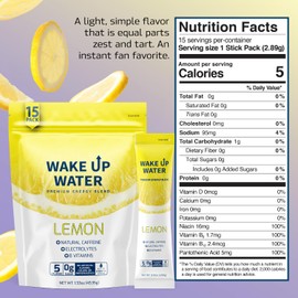 Wake Up Water - Energy + Hydration Sugar Free 15 Packet, Lemon Flavor - Energy Drink Powder, Electrolytes Powder Drink, Natural Caffeine Mix Packet, B Vitamins, 5 Calories, Gluten Free - .10 oz (2.9g)