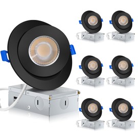 KnLnny Ware Black Gimbal Recessed Lighting 4 Inch 6 Pack, Ajustable Eyeball recessed Light with Junction Box,5 Color Selectable,Airtight,9W 750LM,Dimmable,Black