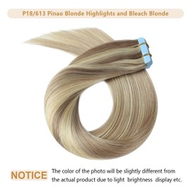 YILITE Tape in Remy Hair Extension Color 18 Ash Blonde Highlighted 613 Bleach Blonde Hair Extensions, #P18/613 Ash Blonde Highlighted Bleach Blonde(12inch P18/613)