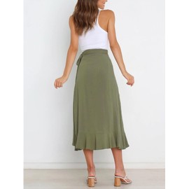 FEOYA Women's High Waisted Tie Wrap Midi Skirts Plain Ruffle Hem Split Maxi Wrap Skirts Casual Summer Beach Long Skirts Green S