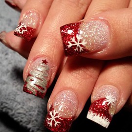 24Pcs Christmas Press on Nails Short Square French Tip Fake Nails Gold Christmas Snowflake Santa's Hat Nail Design Red Glitter Nail Tips Christmas Glue on Nails Full Cover Xmas Acrylic Nails for Women