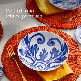 Rosanna Azul Pasta Bowls, Set of 4, 8.25" – Porcelain Pasta Bowl, Perfect Shallow Bowls, Dishwasher & Microwave Safe, Porcelain Bowl Plates