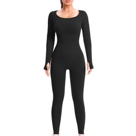 JBT Women's Long Sleeve Yoga Jumpsuits for Women Ribbed Seamless Fitness Jumpsuit Slim Jumpsuits for Women (Black, L)