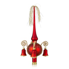 Lauschaer Glas Christmas Tree Topper with Decorated Bells Red Matt, Wound, Length Approx. 28 cm, Diameter 7 cm, Mouth-Blown and Hand-Decorated, Leonian Wire