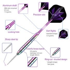 sanfeng Steel Tip Darts Set for Dartboard, Pro Darts with Metal Tip 24 Grams, Colorful Brass Barrel + Purple Aluminium Shafts 9 Flights 50 Rubber O-Rings 12 Spring Rings 1 Dart Sharpener Tool