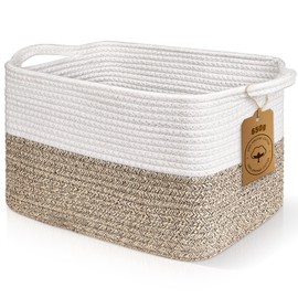 Lychico Cotton Rope Woven Basket with Handles for Shelves,Toys,Book, Cloth Storage Baskets Bin for Organizing, 33x25x22.5cm Toy Decorative Organizer for Living Room, Bathroom - White&Brown