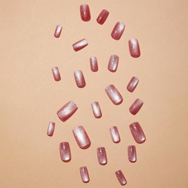24 Pcs Cat Eye Press on Nails Medium Square - QUNQINLI Fake Nails Full Cover Solid Color False Nails Press ons with Cute Glitter Design Acrylic Nail Art Kit Glue on Nail for Women Girls Manicure