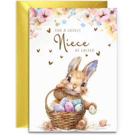 Niece Easter Card - Bunny with Easter Eggs Design - A5 Size with Gold Envelope