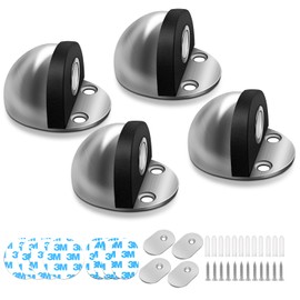Door Stoppers 4 Pack, Magnetic Door Stops Self Adhesive Floor Door Stopper Stainless Steel Brushed Satin Nickel Door Holder Doorstops for Bottom of Door, Silver, Dome Shaped
