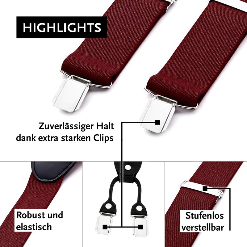 DonDon® Men's braces, wide, 4 clips, with Y-shaped leather, elastic