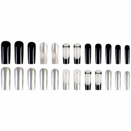 MISUD Press on Nails Long Square Fake Nails Glossy Glue on Nails Black Acrylic Nails Squoval Artificial Nails Metal Silver Chrome Stick on False Nails with French Tip Design 24 pcs