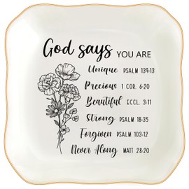 MQPPKJ Christian Gifts for Women, Bible Verse Ceramic Jewelry Dish Trinket Ring Tray, Inspirational Floral Gift for Mom Sister Friend Birthday Christmas-God Says You are (White-God Says2)