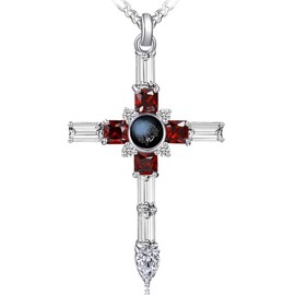 VISILOVE Cross Necklace with Lord' s Prayer and Praying Hands Pendant (Garnet Red Baguette)