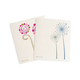 Skoy Cloth Eco-Friendly & Reusable Swedish Dishcloth, for Kitchen & Household Use, Plastic-Free Packaging, Dishwasher Safe, Designer Series – Whimsey/Carefree, White Cloth - 2-Pack