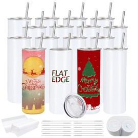 YOUKE OLA YOUKE OLA 16 Pack Sublimation Tumblers Flat Edge Blanks Skinny Straight Bulk 20 oz, Stainless Steel Double Wall Insulated Sublimation with Straw & Lids for Heat Transfer, White