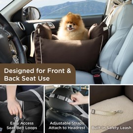 Lesure Small Dog Car Seat for Small Dogs - Soft Dog Booster Seat for Car with Storage Pocket and Clip-On Safety Leash and Thickened Memory Foam Filling, Pet Travel Carrier Bed Brown
