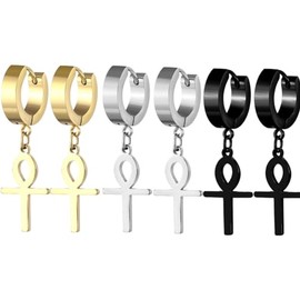 Ankh Cross Dangle Drop Earrings Stainles Steel Egyptian Ankh Cross Hoop Earrings for Women Men 3 Pairs Protection Jewelry Gift