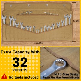 Wrench Roll 32 Pockets, Heavy-Duty 16 oz. Waxed Canvas Wrench Roll Up Bag Holds Wrench Wrap for Metric and SAE Wrenches, Wrench Pouch with Buckles and Handle, Sturdy Wrench Tool roll (Khaki)