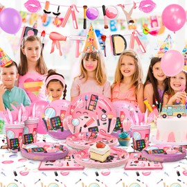 Spa Makeup Birthday Party Supplies Decorations,165pcs Spa Party Supplies Set-Makeup Party Plates Cups Napkins Tablecloth&Spa Theme Party Photo Props Balloons etc Pamper Party Decorations for Girl Kids