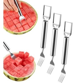 3 PCS 2-in-1 Stainless Steel,Watermelon Fork Slicer Cutter,Portable Cutter Slicer Tool,Dual Head Fruit Forks for Home Party Camping Kitchen Gadget