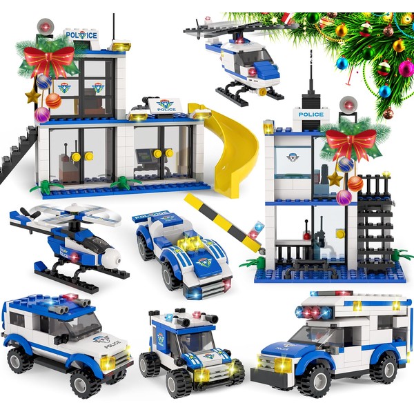 City Police Station Building Kit with Cop Cars, Police Helicopter, Prison Van, Fun Police Toy for Kids, Best Roleplay Police Department Construction STEM Toy Gift for Boys Aged 6-12 (808 Pieces)