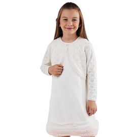 Minora Baby/Child Bolero Christening Vest Knitwear Girls Long Sleeve Button Detail on Collar, Bone-ajur_hearty