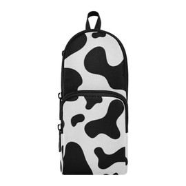 Black Cow Skin Pencil Case Big Capacity Pen Bag with Compartment Students Schoolbag Shape Stationery Organizer Pencil Pouch Marker Case for School Office Work