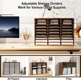 Alpeir Mail Organizer Countertop, 27 Slots Wooden Desk File Literature Sorter, Adjustable Paper Storage Shelves Document Holder, Space Saving Desktop Mailbox for Office Classroom, Rustic Brown