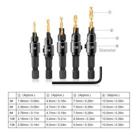 LiebeWH 5 Uds. Broca Avellanadora de 1/4 Pulg Vástago Hexagonal HSS Juego de Herramientas de Perforación Biseladas para Madera Plástico Tablero de Fibra de Metal Blando