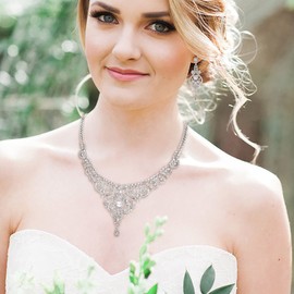 EVER FAITH Wedding Jewelry Sets Crystal Retro 1920s Leave Vase Art Deco Bridal Prom Necklace Earrings Stretch Bracelet Set for Bride Clear Silver-Tone