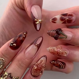 Cherry Press on Nails Medium Almond Fake Nails Red False Nails with Flower Bow Design Red French Tips Glossy Acrylic Full Cover Reusable Stick on Nails for Women Manicure 24Pcs