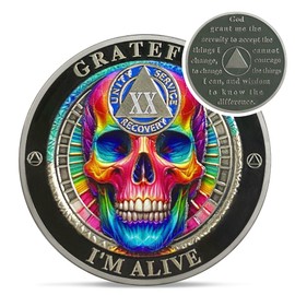 Rainbow Skull 20 Year Sobriety Coin - Grateful I'm Alive AA Coins - Recovery Addiction NA AA Chips and Medallions - 1-20 Years Living Clean Narcotics Alcoholics Anonymous Gifts for Men Women