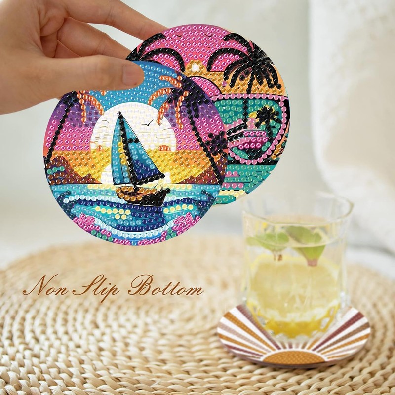 8 Pcs Beach Diamond Art Coasters Kits with Holder, DIY