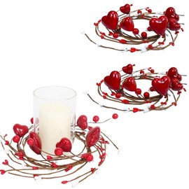 2 Pcs Valentine Heart Shaped Candle Rings Wreaths Holder Red Pip Berry Wreaths with Foam Hearts Spring Artificial for Wedding,Door Tabletop Decoration (Red)