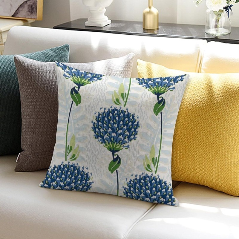POMOTER Blue Flower White Check Throw Pillow Cover,Traditional Checkered Decorative