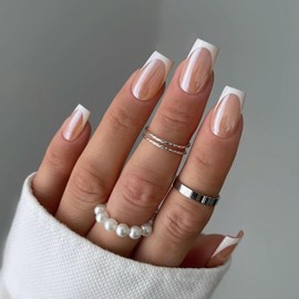 Qsnidy Press on Nails Square - Chrome French Fake Nails Medium Acrylic Glossy Full Cover Stick On Nails for Women and Girls Daily Wear, Natural Fit Glue on Nails in 12 Sizes - 24 Nails Kit