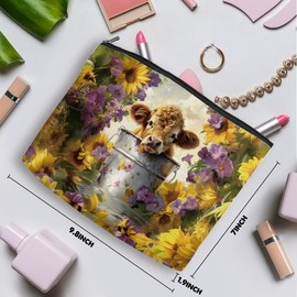 Retro Western Cow Makeup Bag Cosmetic Bag Cow Print Stuff Sunflower Gifts Cow Gifts Western Accessories for Women Girls Teacher Friend Sister Cow Lovers Funny Christmas Birthday Friendship Gifts