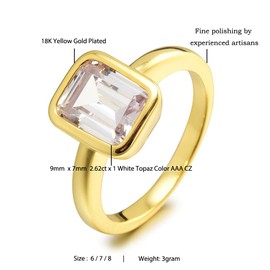 RIZILIA CELEBOX Solitaire Engagement Ring with Emerald Cut Gemstones CZ [White Topaz] in 18K Yellow Gold Plated, Celebrity Inspired by Angelina Jolie