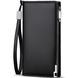 Huztencor Men's Long Wallet, Popular, Magnetic Protection, Cowhide Leather, Thin Wallet, Card Case, Skimming, Large Capacity, Holds 16 Cards, RFID Identification, Black